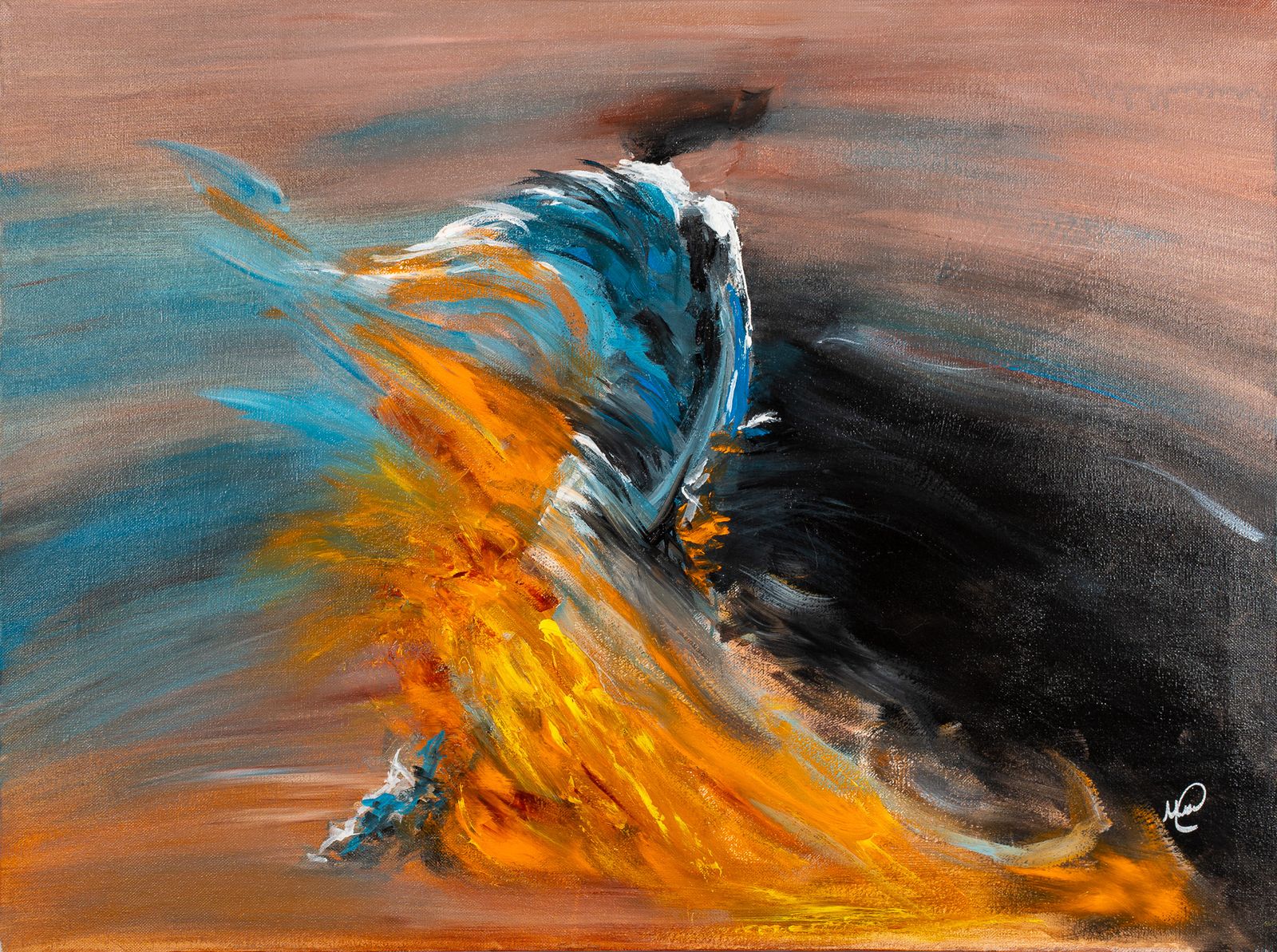 Abstract painting of a figure in motion in orange, blue and black by Michael Cababe