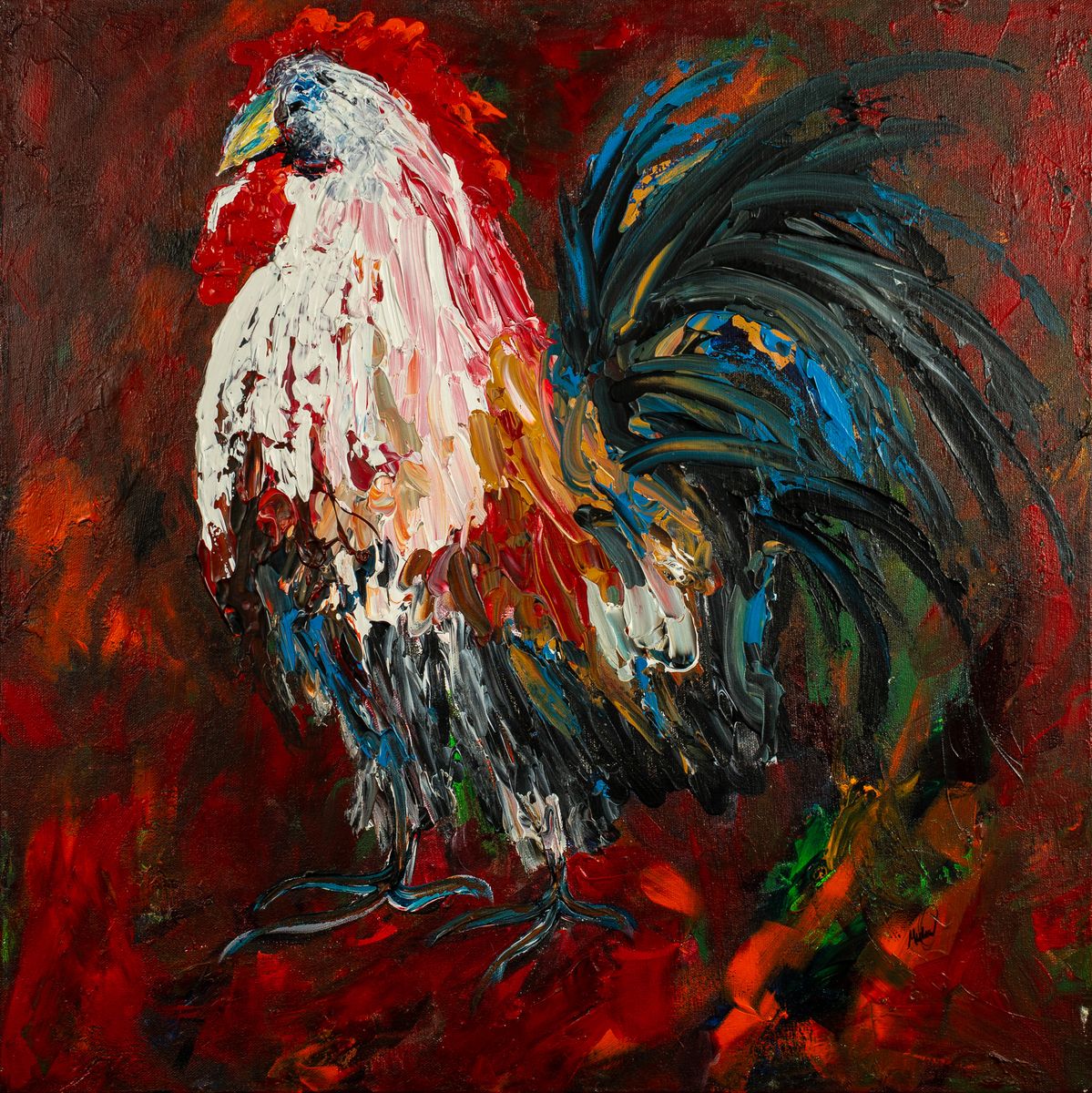 Palette knife painting of a rooster in white, red and deep blue by Ruskin artist Michael Cababe
