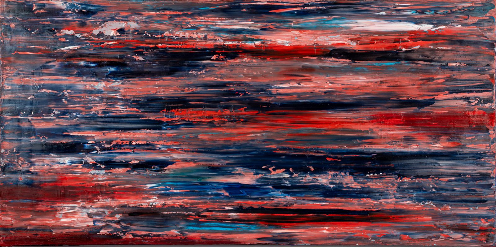 Wide abstract painting in coral, red and navy by Ruskin artist Michael Cababe