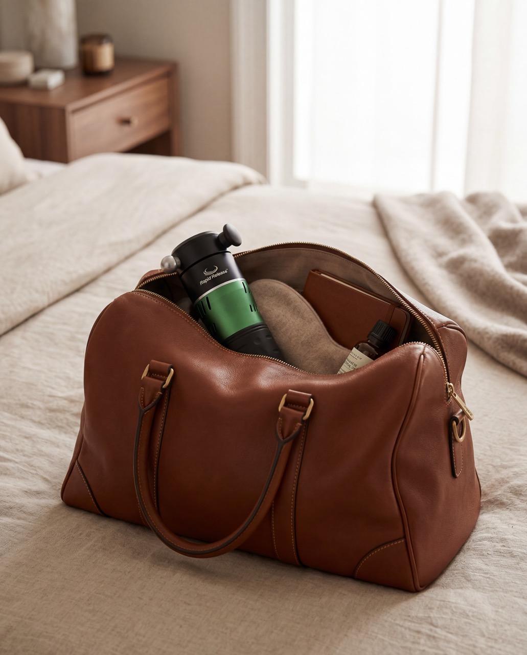 Rapid Release Therapy travel bag packed for the road