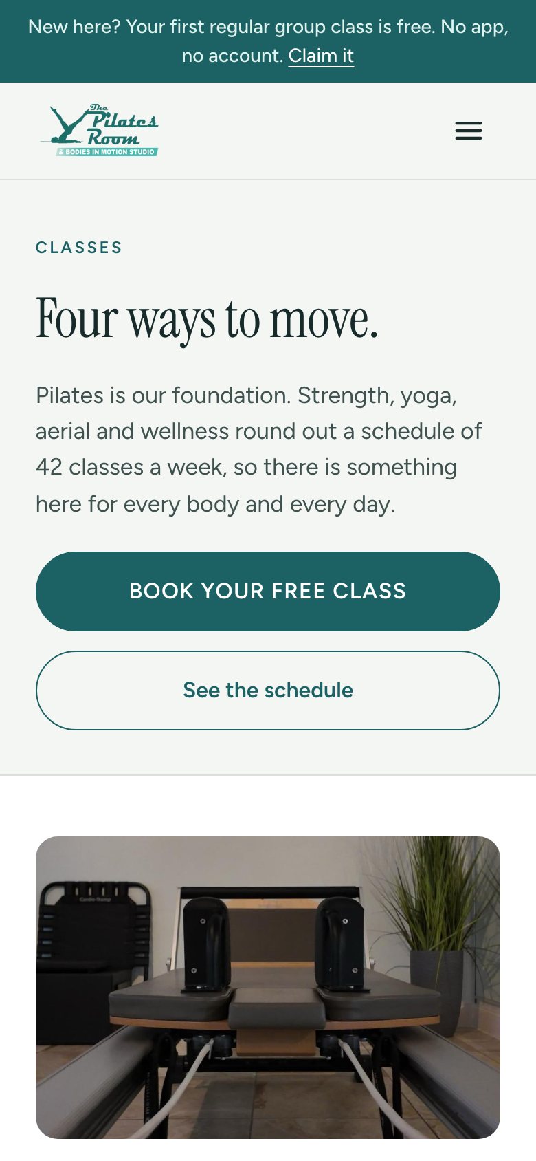 The Classes page on a phone: Four ways to move, above a photo of a Reformer