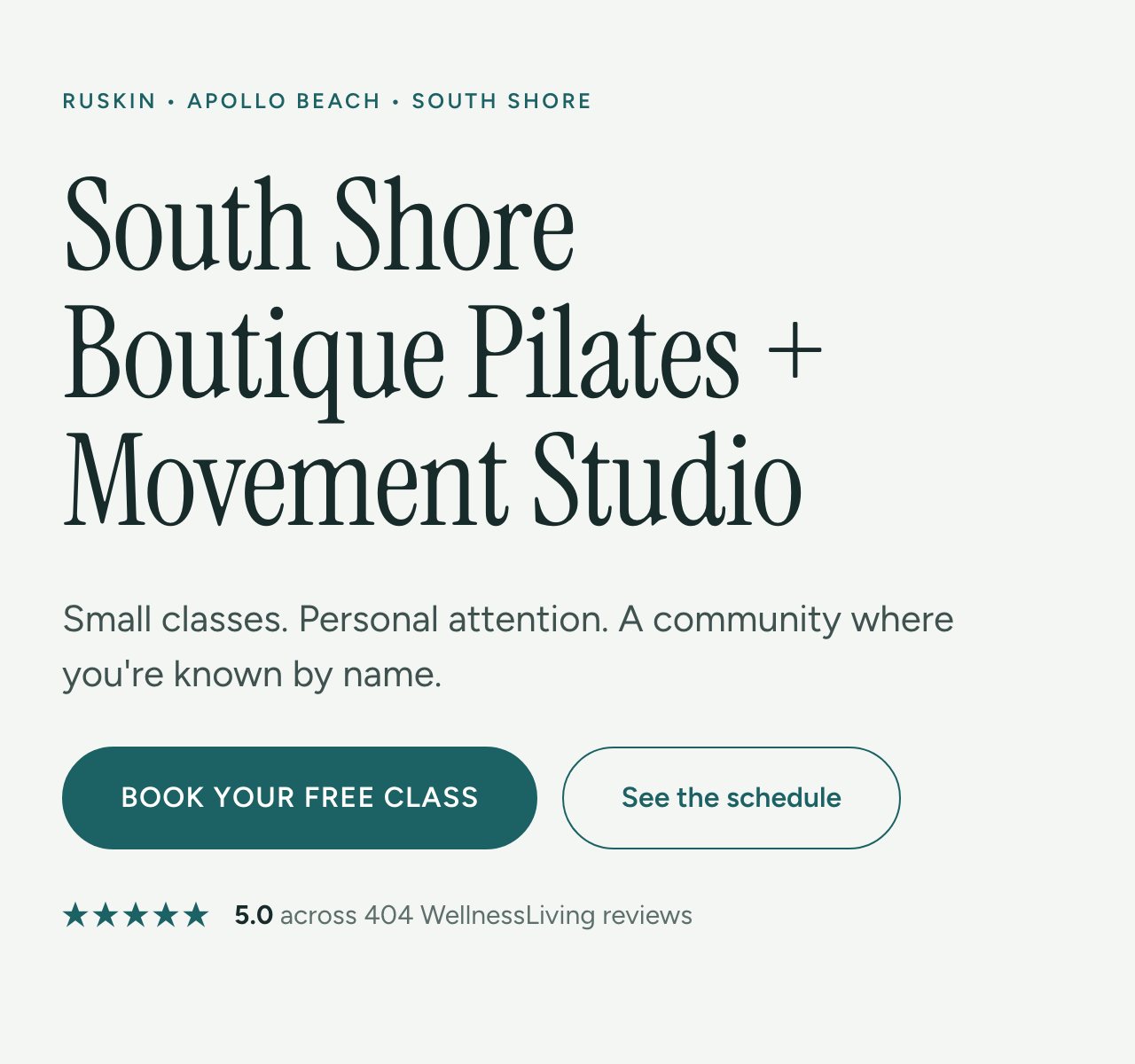 The new pilatesandbodies.com homepage on a desktop screen, with a Book your free class button and a link to the schedule