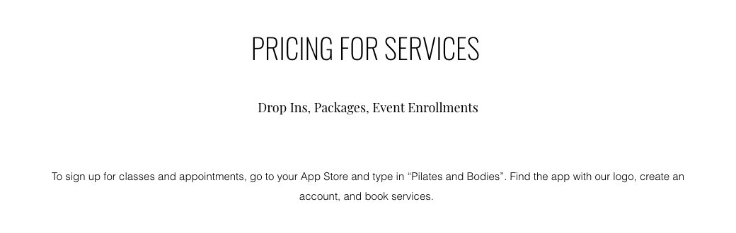 The old pricing page, telling visitors to find the studio's app in the App Store and create an account before booking