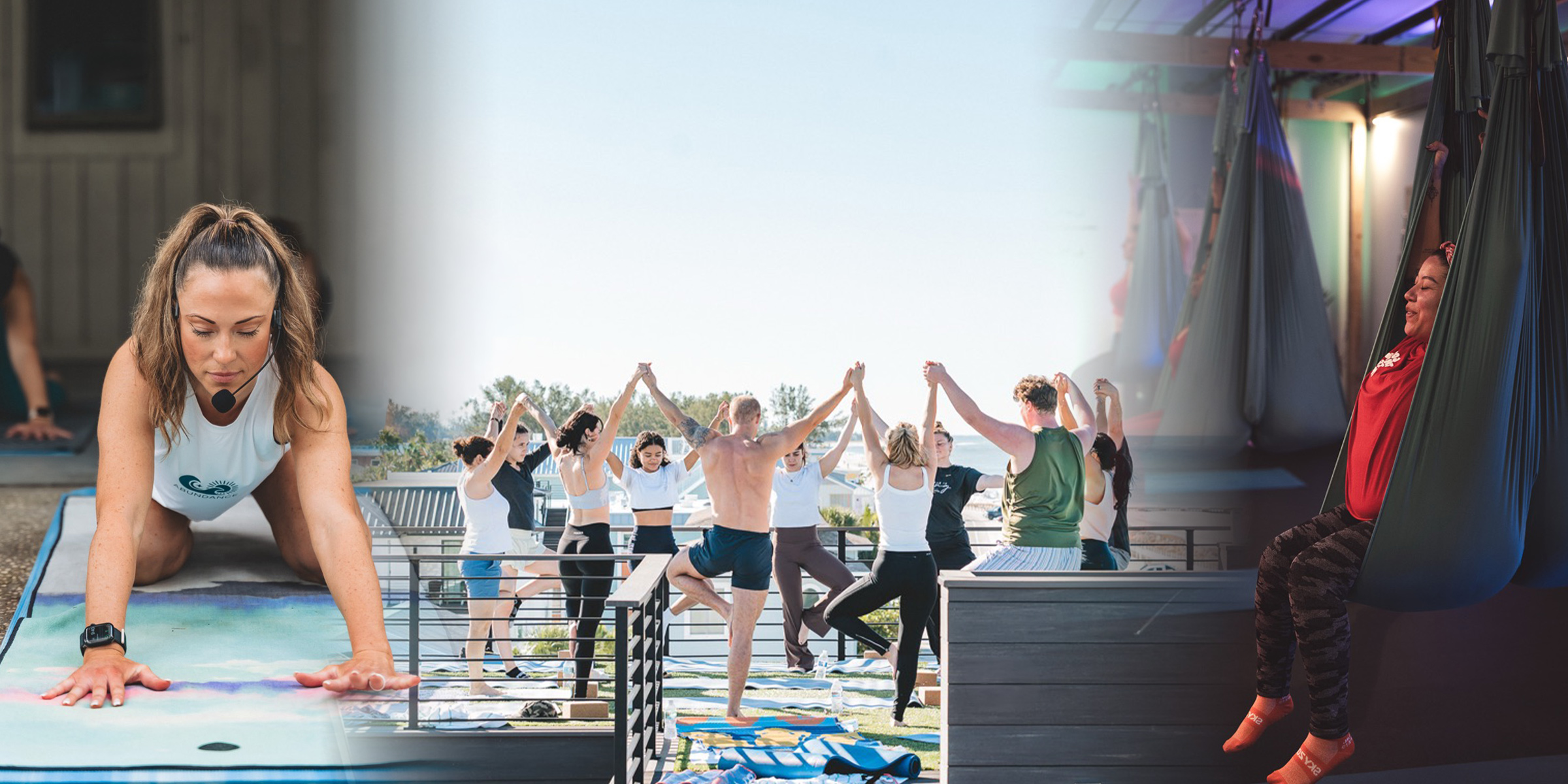 Three-panel composite — bridal rooftop yoga, movement intensive, and aerial Pilates across Tampa Bay