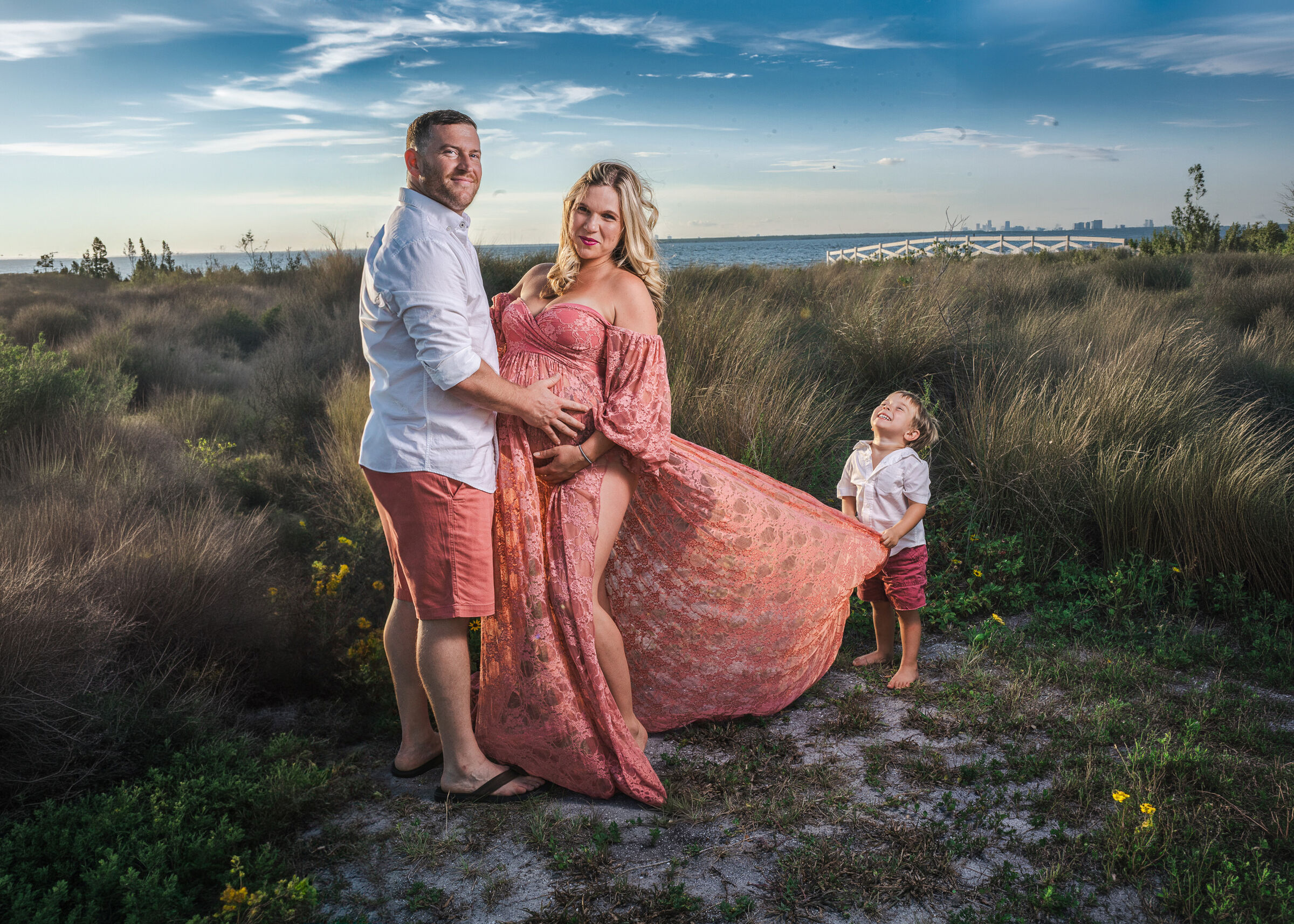 Family at golden hour on the Tampa Bay dunes