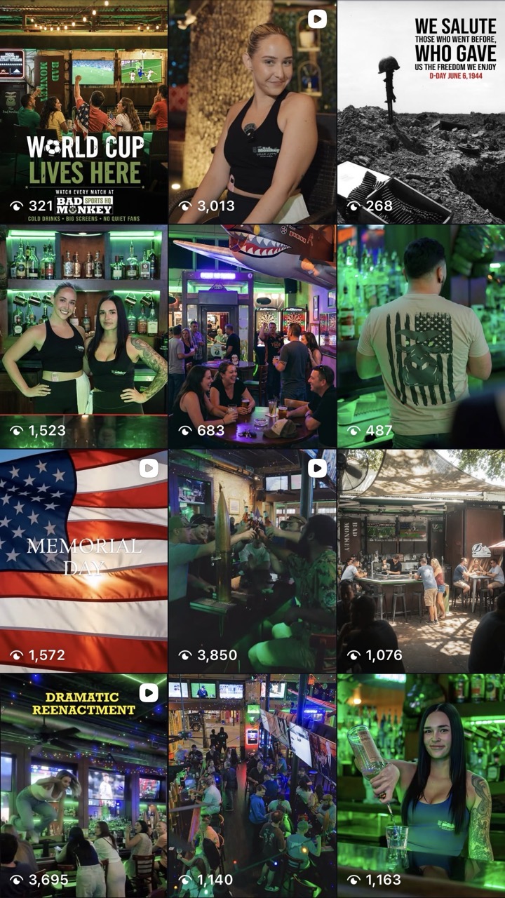 Bad Monkey's Instagram feed under PowerFigure — color-graded, on-brand posts pulling thousands of views per tile