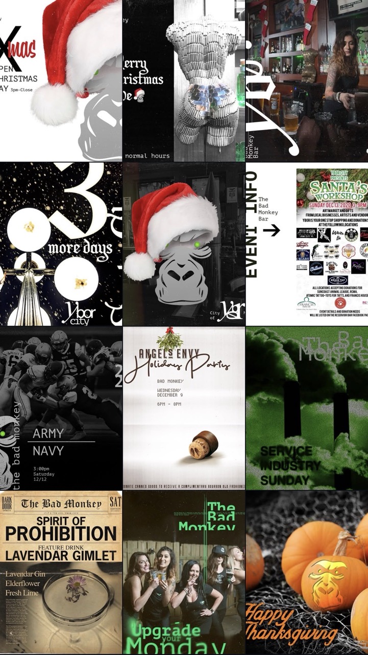 Bad Monkey's Instagram feed before PowerFigure — a busy bar's in-house posts